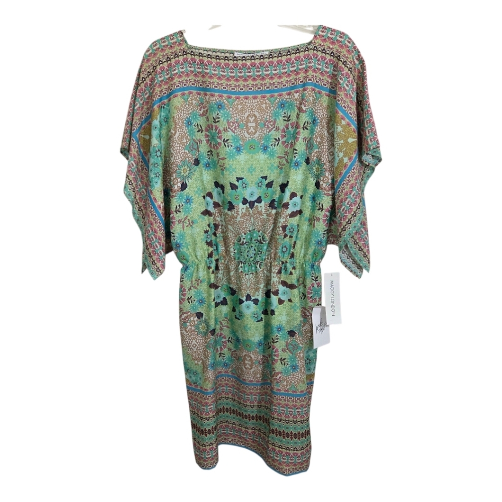 NWT Maggy London Kimono Sleeve Kaftan Dress Size 8 Boho Lightweight Green Floral